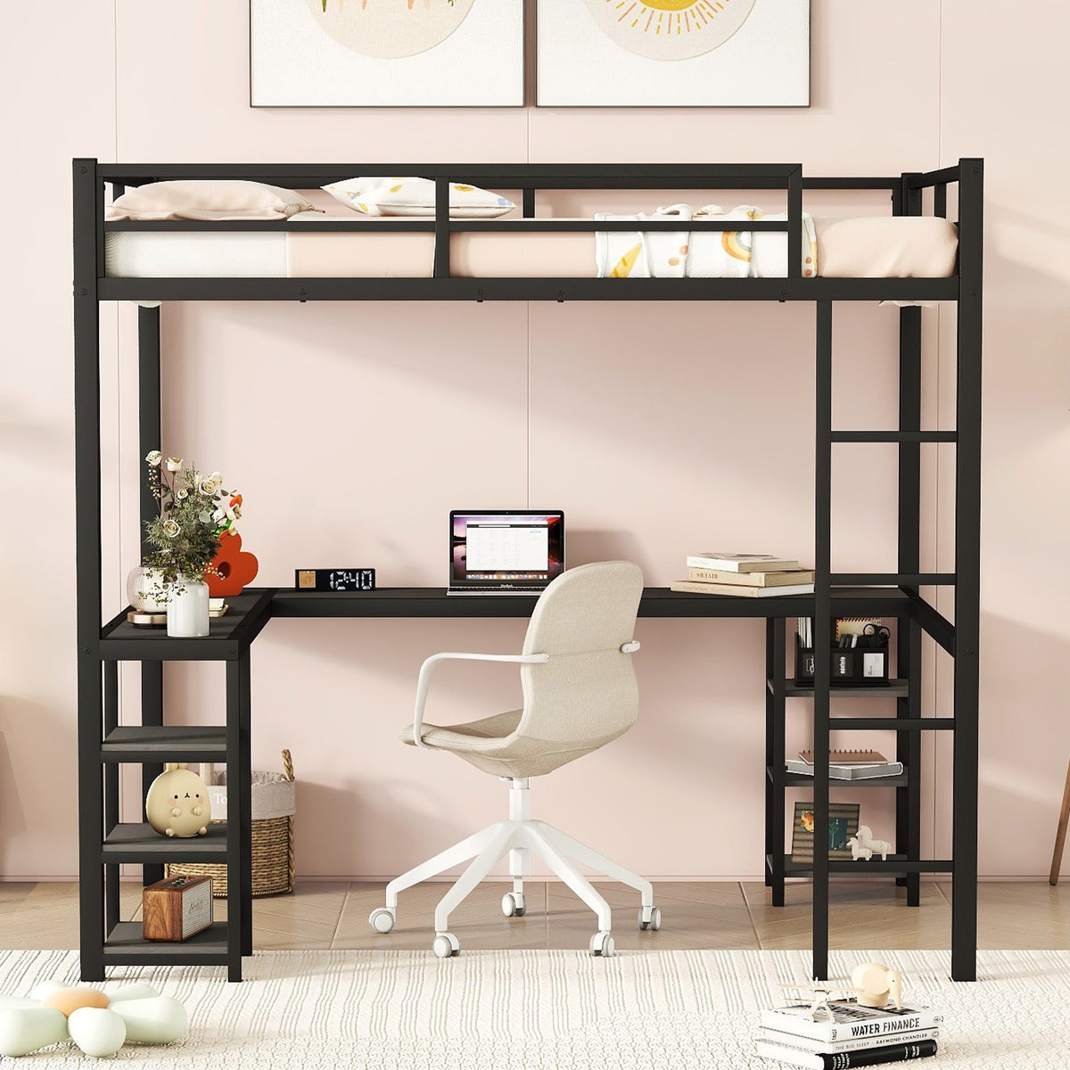 Full-Size Metal Loft Bed with Desk and Shelf Storage