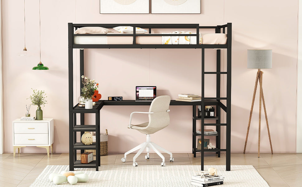 Full-Size Metal Loft Bed with Desk and Shelf Storage