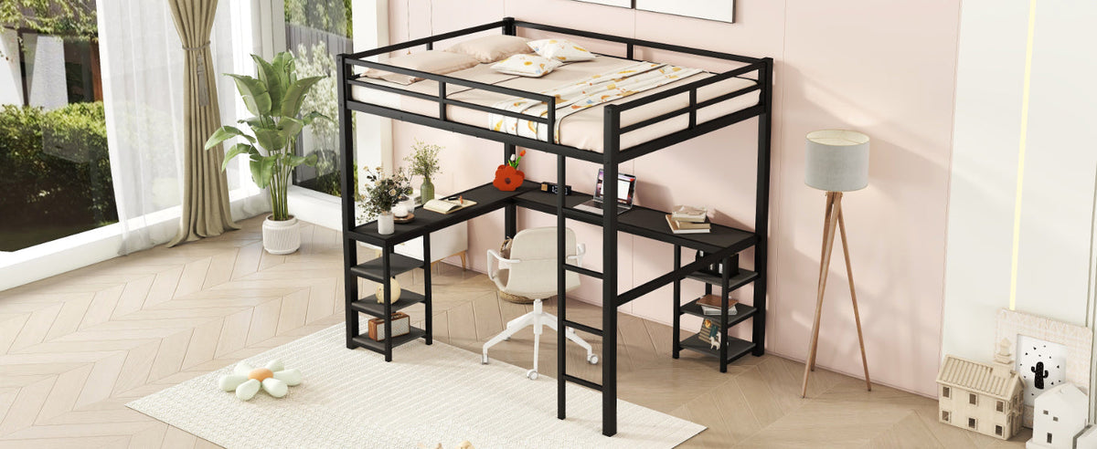 Full-Size Metal Loft Bed with Desk and Shelf Storage