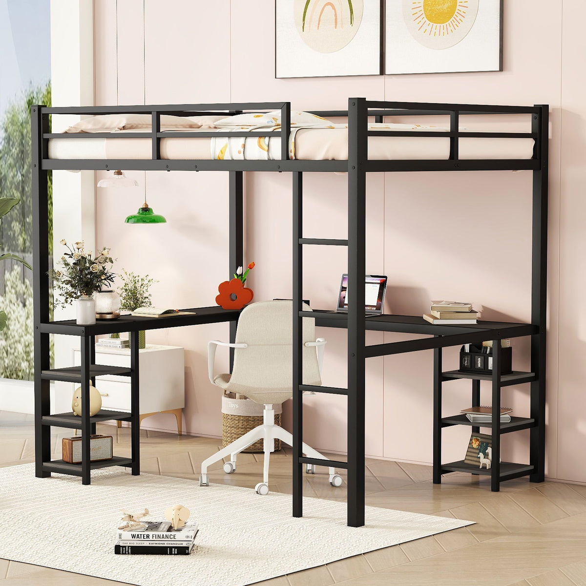Full-Size Metal Loft Bed with Desk and Shelf Storage