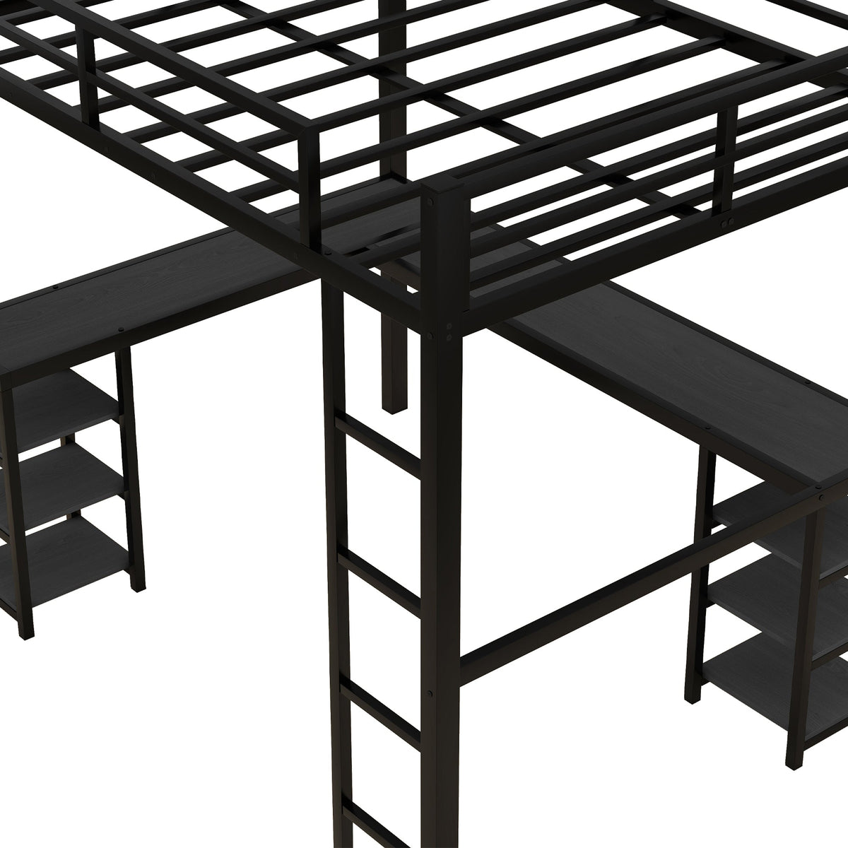 Full-Size Metal Loft Bed with Desk and Shelf Storage