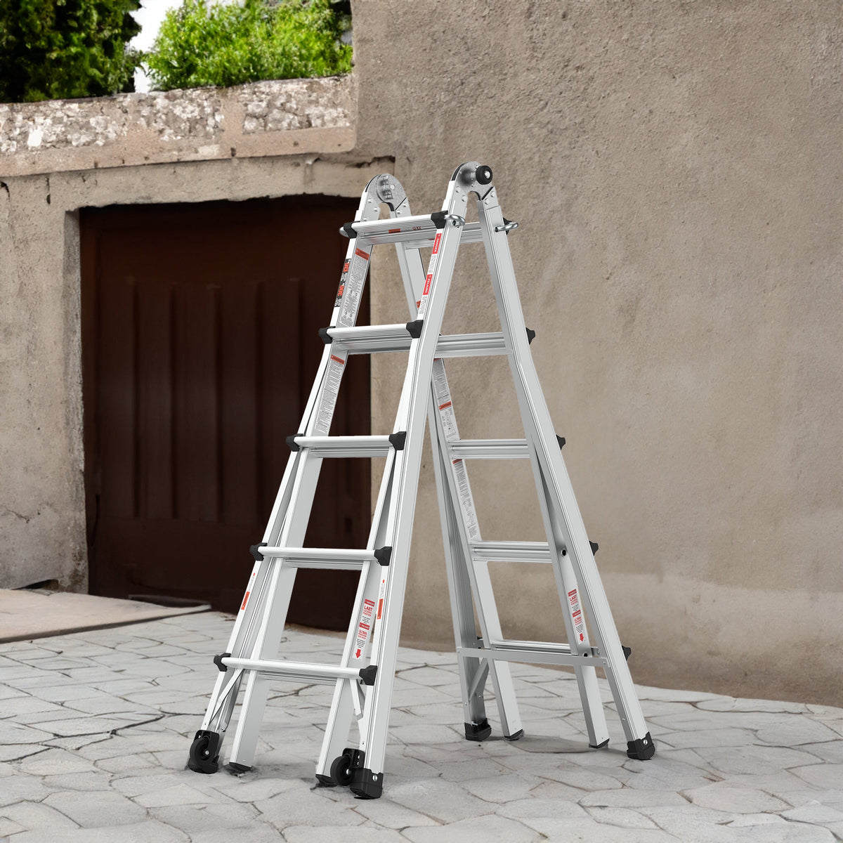 Multi-Position Aluminum Ladder with Wheels, 22 FT