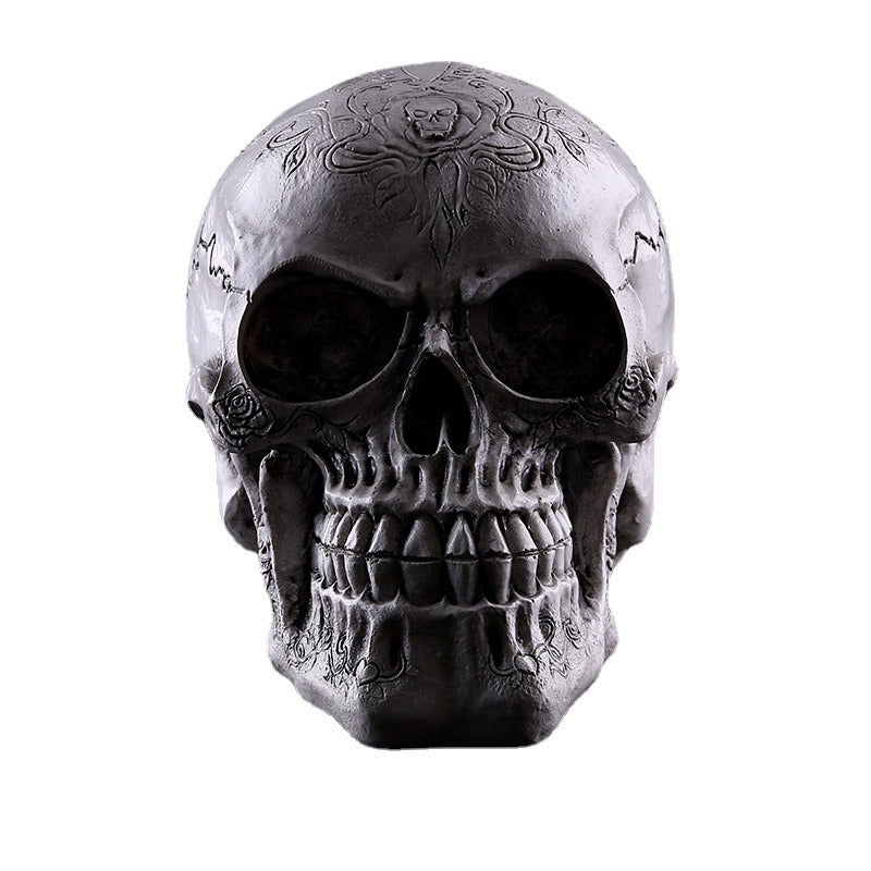 Resin Skull Ornament With Aged-Metal Gothic Details