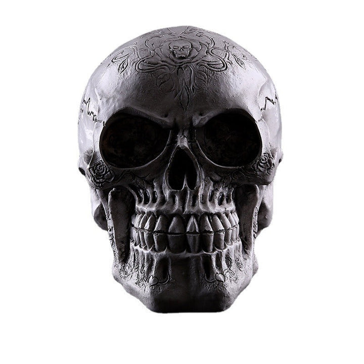 Resin Skull Ornament With Aged-Metal Gothic Details