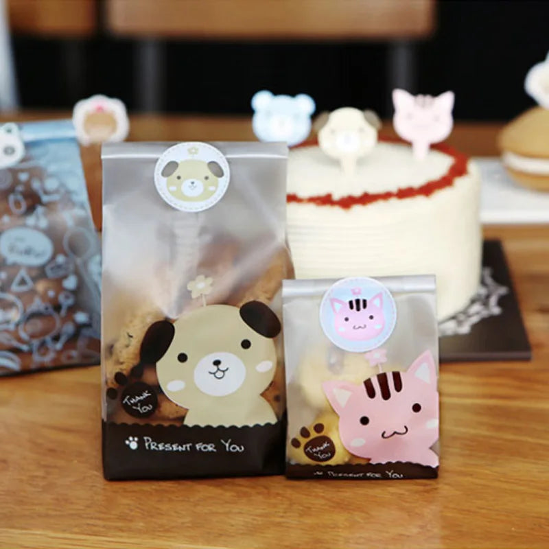 Cat & Dog Frosted Cookie Bags, 50 Pack for Party Treats