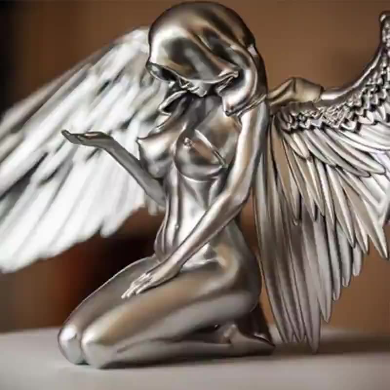 Kneeling Angel Ornament With Detailed Silver Feathered Wings