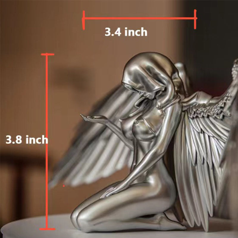 Kneeling Angel Ornament With Detailed Silver Feathered Wings