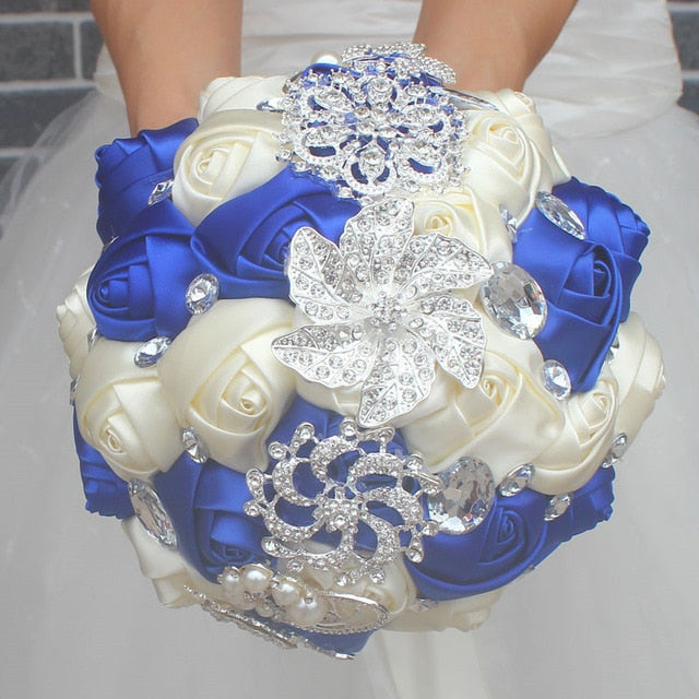 Handmade Satin Rose Bridal Bouquet, Rhinestone Brooches