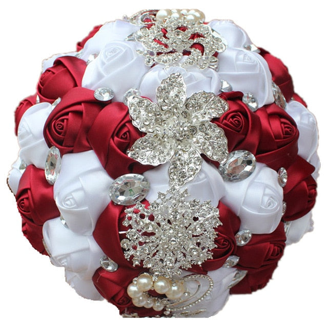 Handmade Satin Rose Bridal Bouquet, Rhinestone Brooches