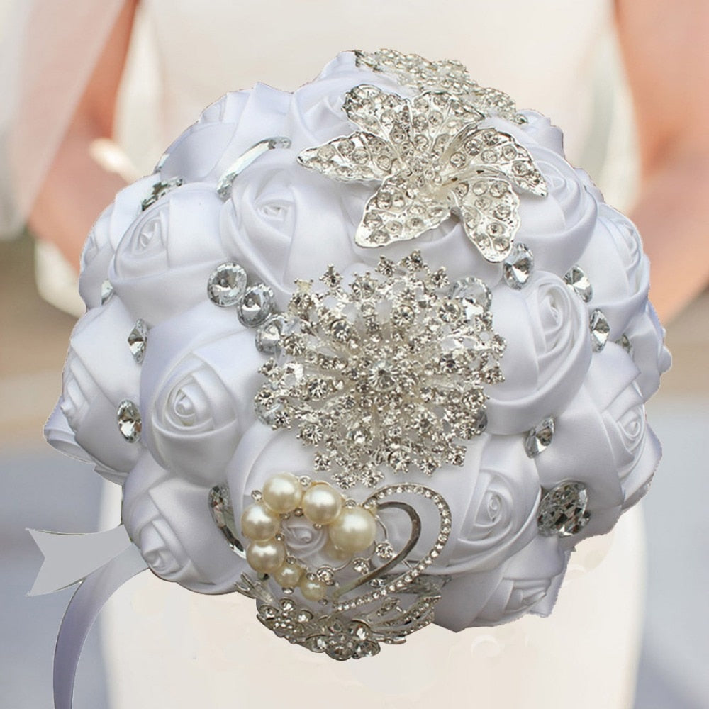Handmade Satin Rose Bridal Bouquet, Rhinestone Brooches