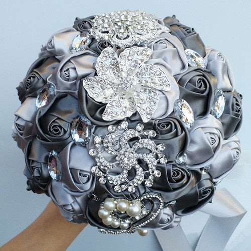 Handmade Satin Rose Bridal Bouquet, Rhinestone Brooches
