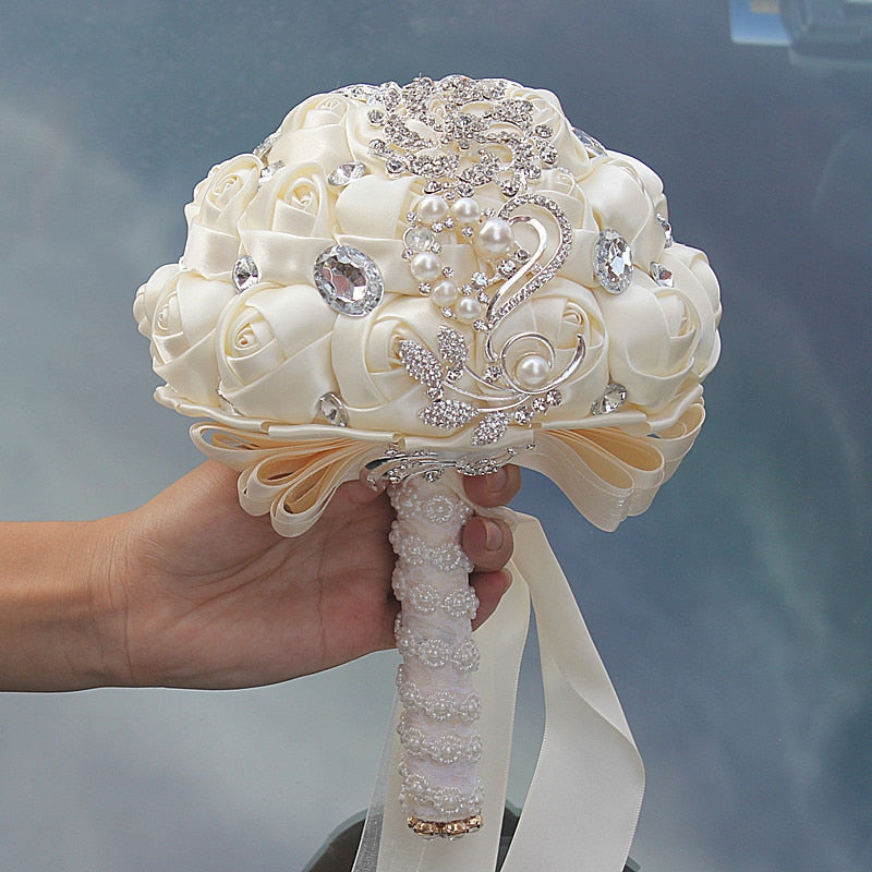 Handmade Satin Rose Bridal Bouquet, Rhinestone Brooches