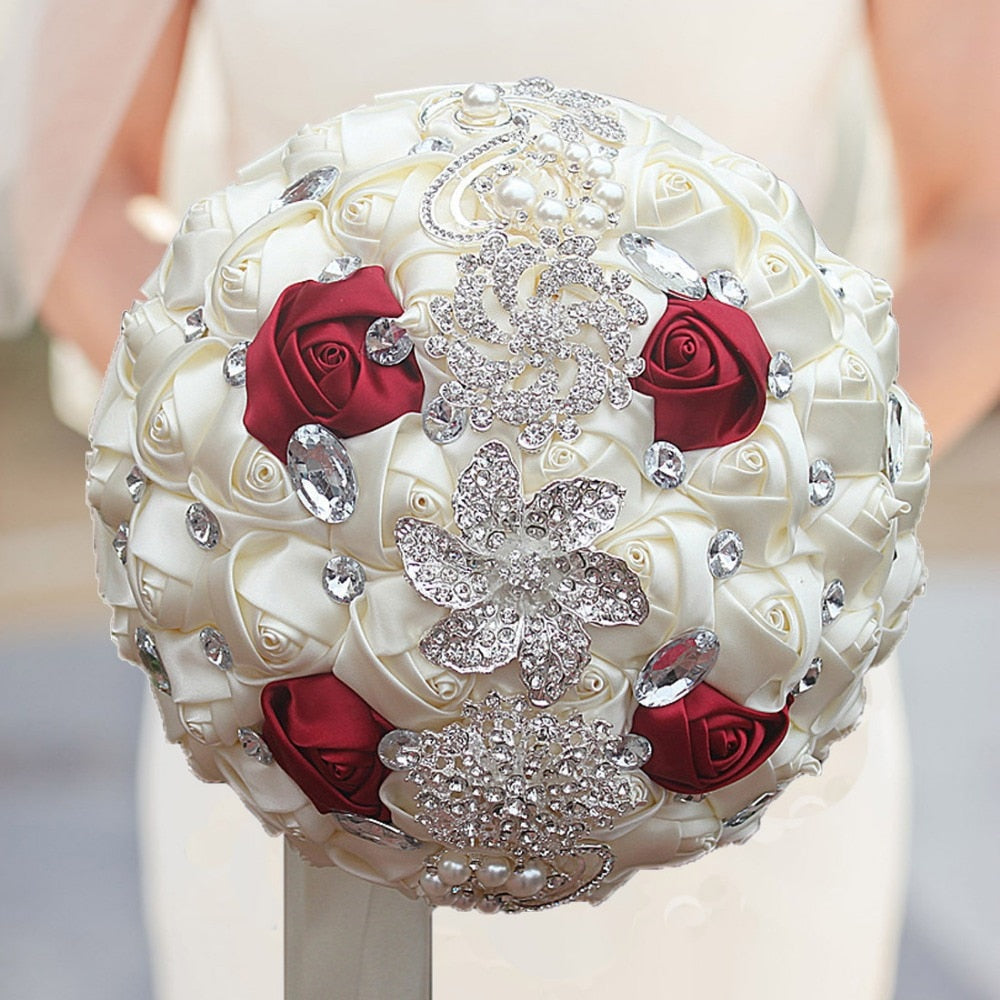 Handmade Satin Rose Bridal Bouquet, Rhinestone Brooches