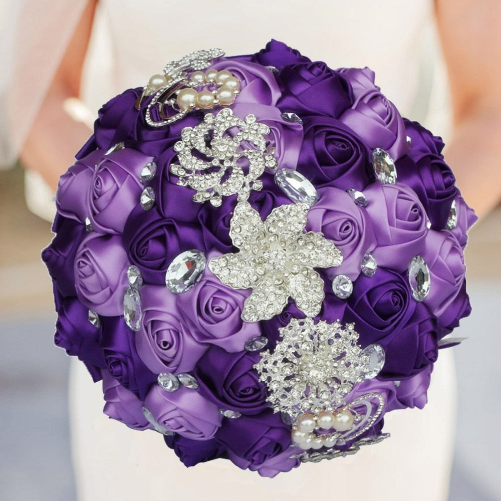 Handmade Satin Rose Bridal Bouquet, Rhinestone Brooches