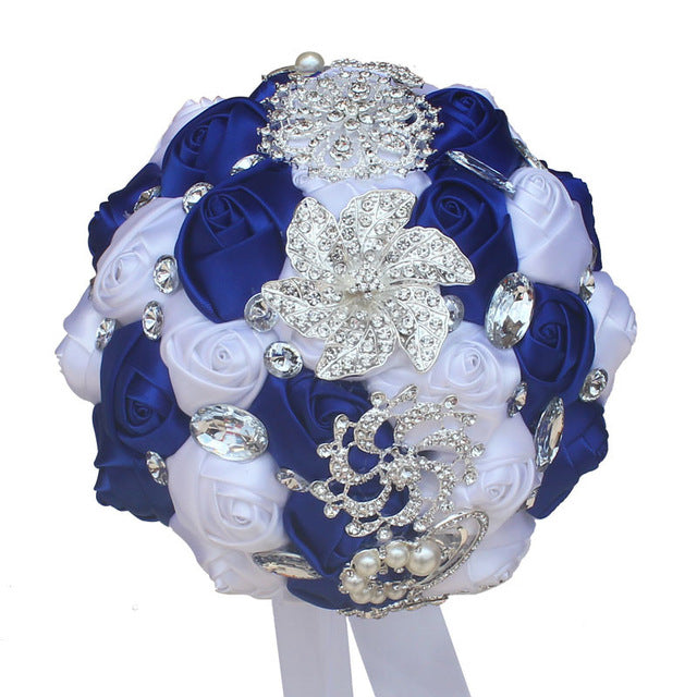Handmade Satin Rose Bridal Bouquet, Rhinestone Brooches