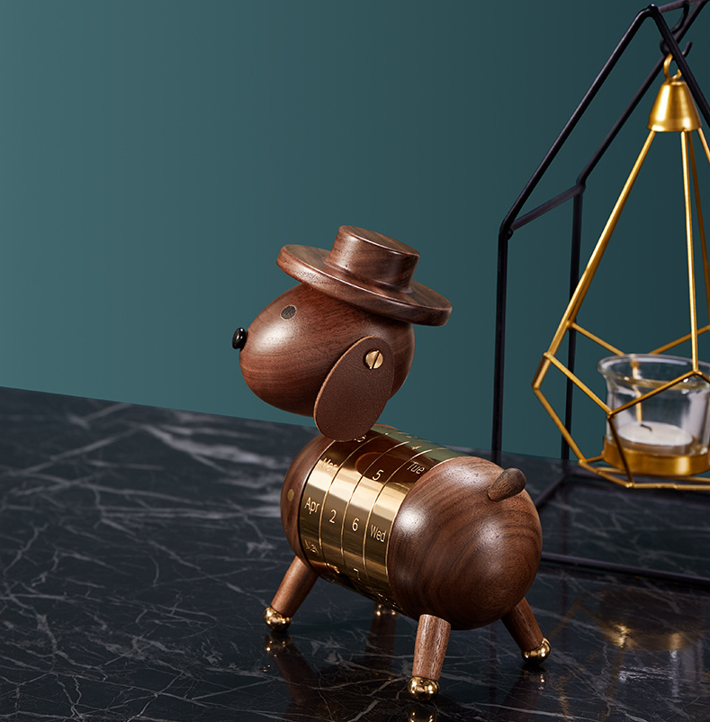 Wooden Dog Perpetual Calendar for Stylish Desk Decor