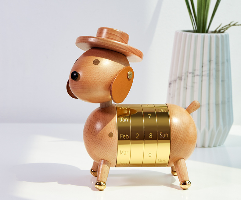 Wooden Dog Perpetual Calendar for Stylish Desk Decor