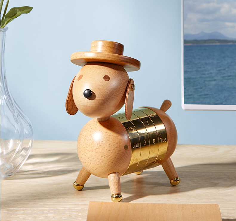 Wooden Dog Perpetual Calendar for Stylish Desk Decor