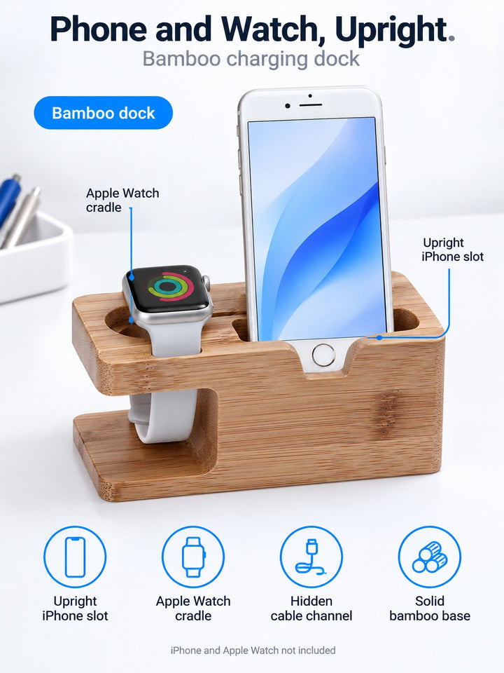 Bamboo Charging Dock for iPhone and Apple Watch Stand