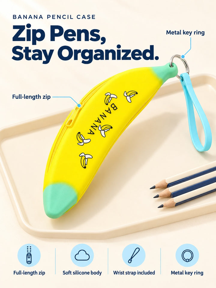 Banana Silicone Pencil Case with Large Zip Pouch for School