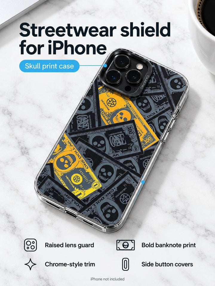 Banknote Skull Print iPhone 14 Pro Case with Lens Guard