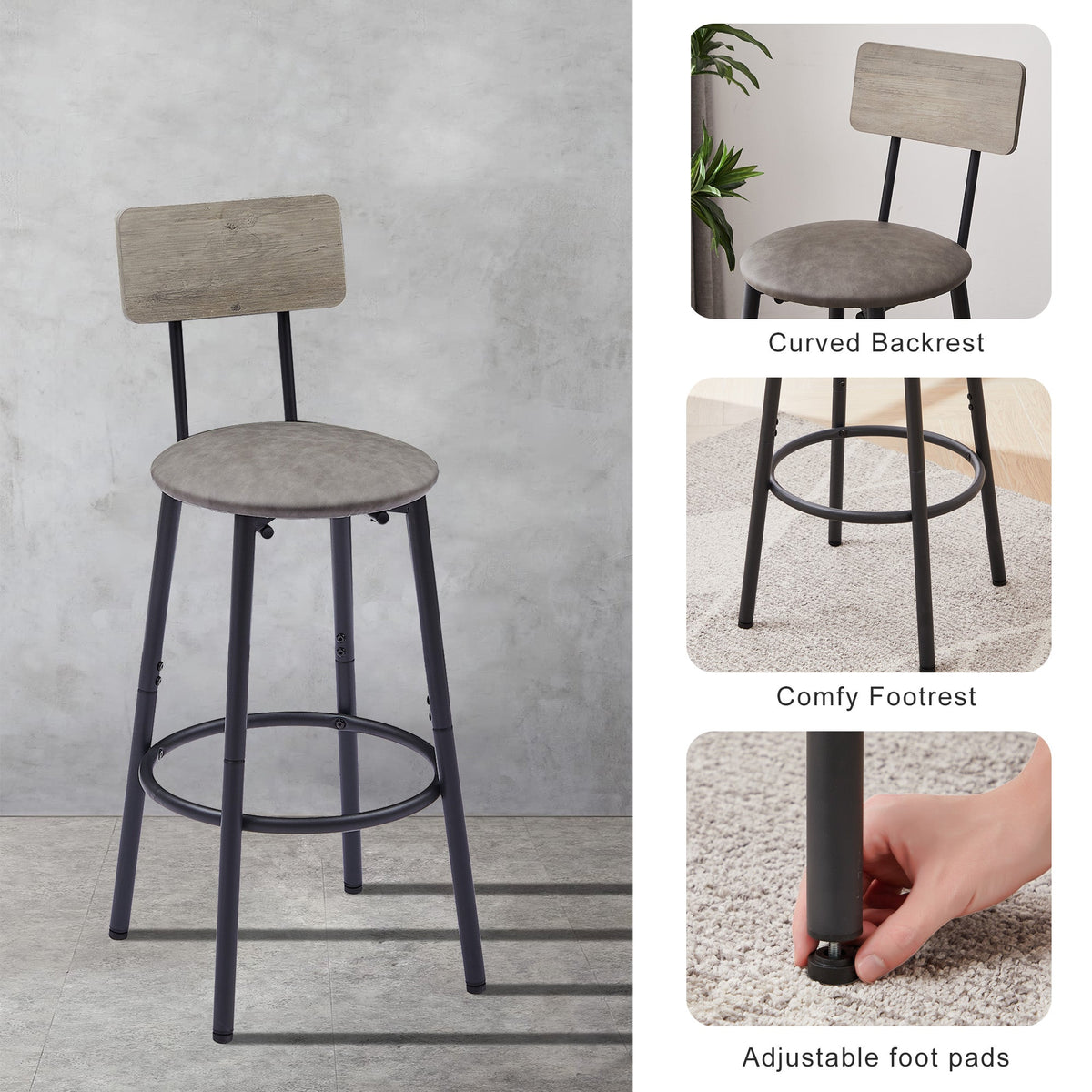 Industrial Grey Bar Table Set with 4 Backrest Stools