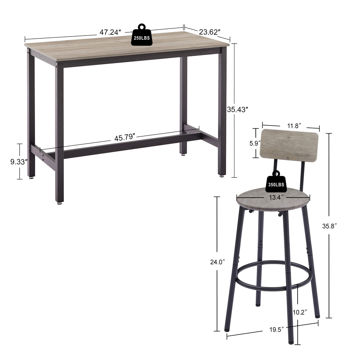 Industrial Grey Bar Table Set with 4 Backrest Stools