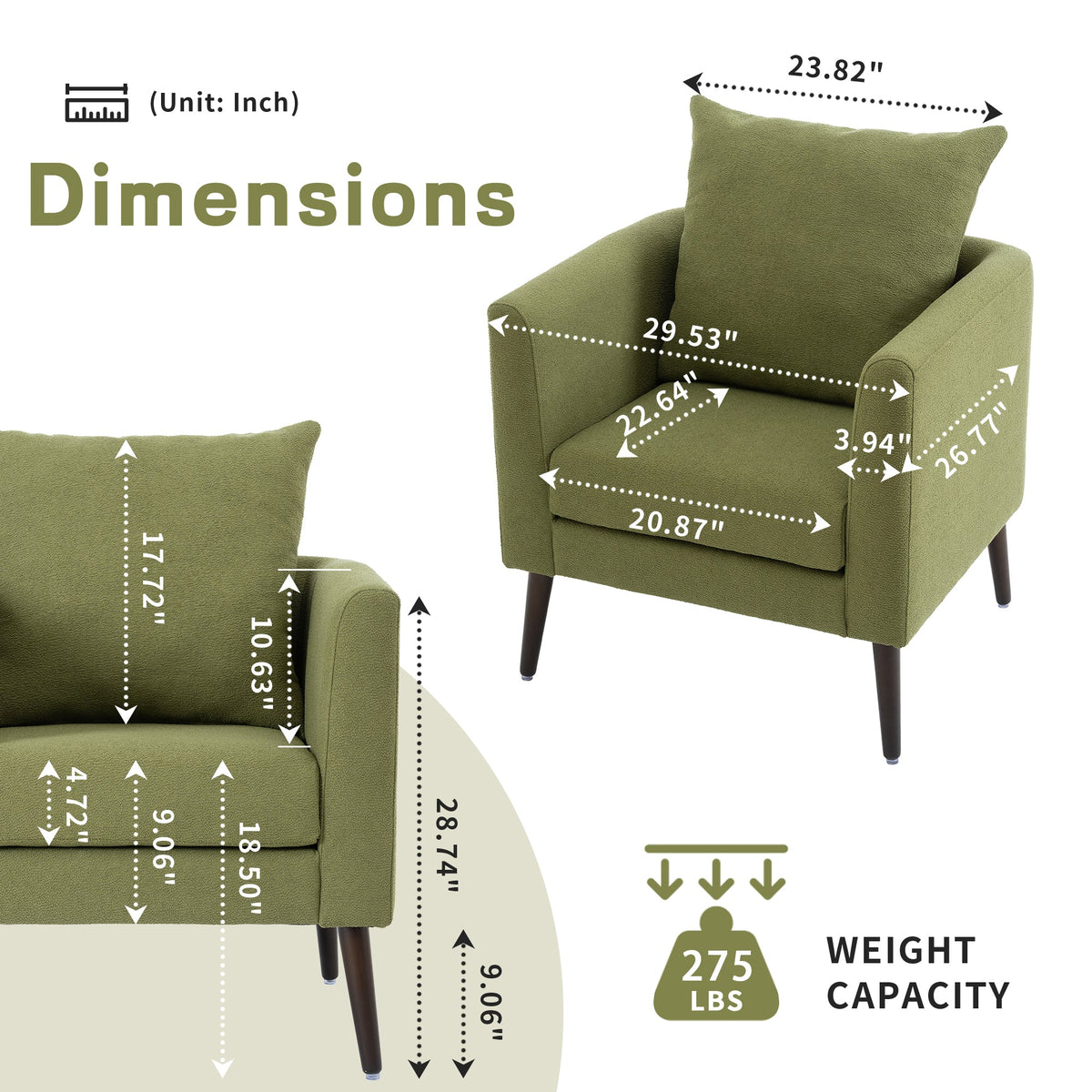 Olive Green Boucle Accent Armchair with Solid Wood Legs