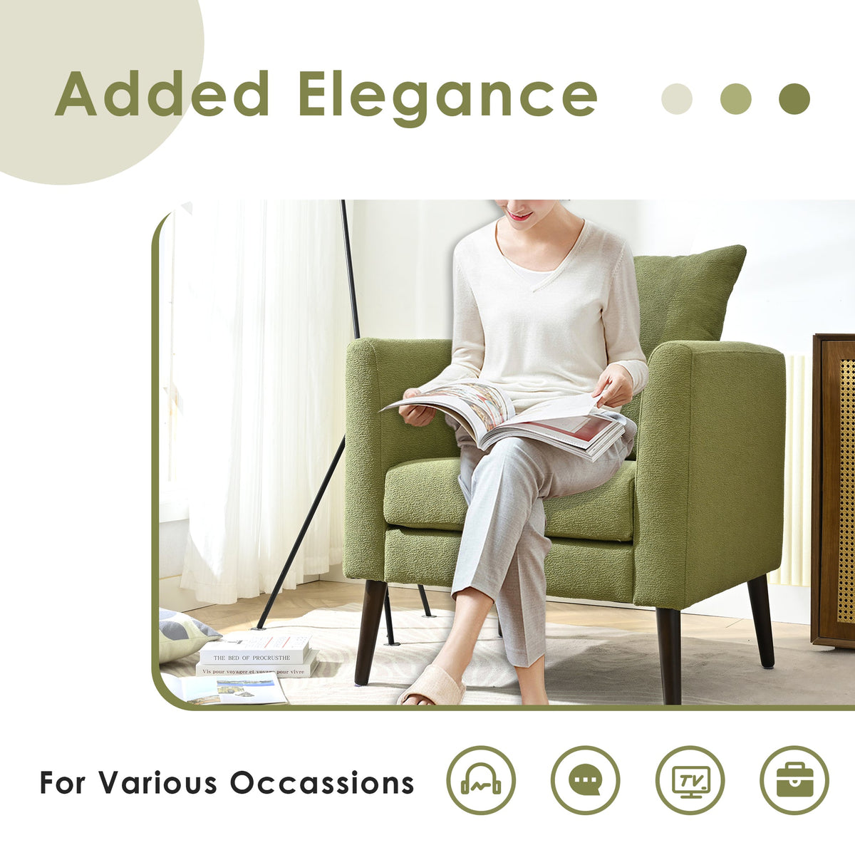 Olive Green Boucle Accent Armchair with Solid Wood Legs