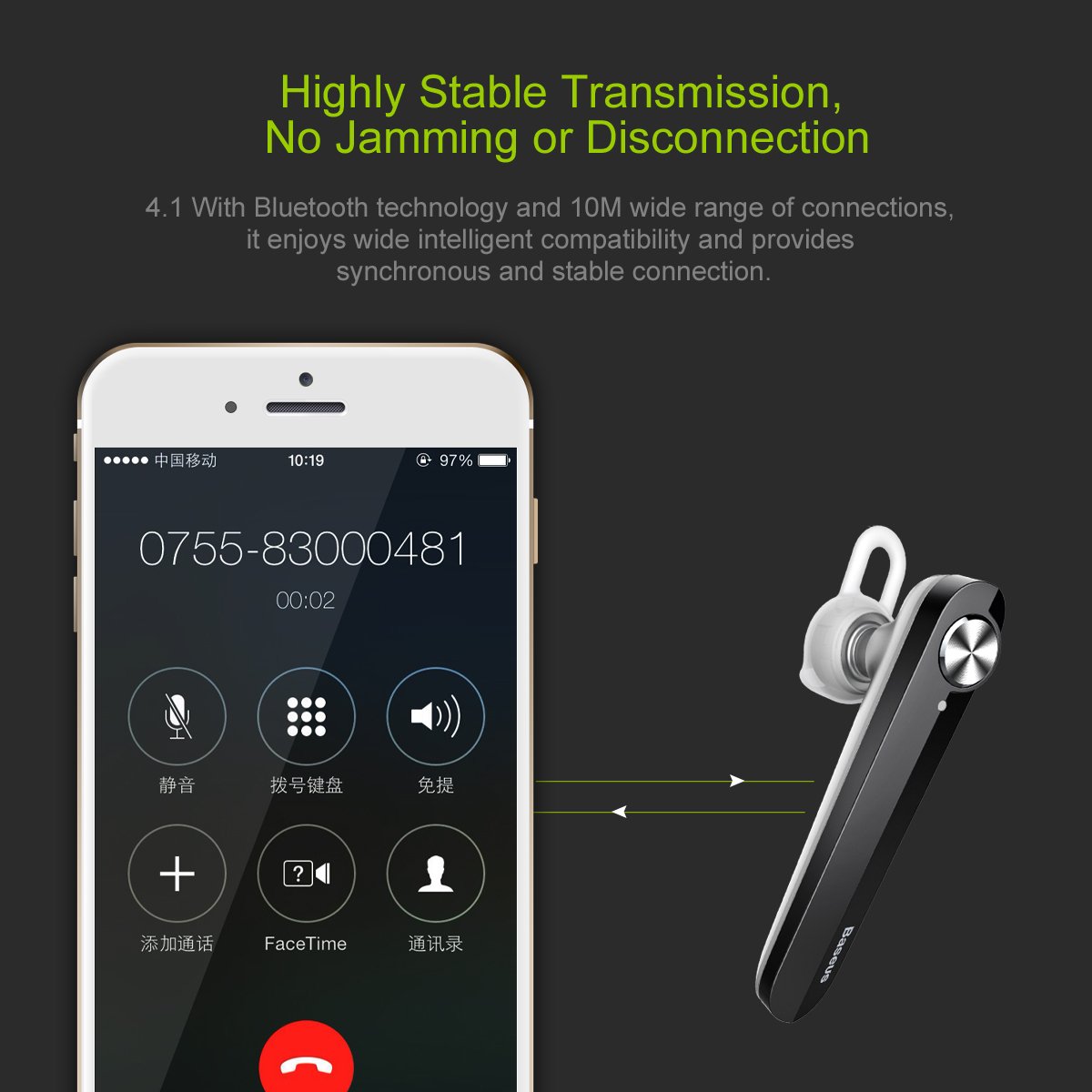 Single-Ear Bluetooth Headset with Noise Reduction for Calls