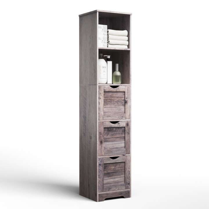 Slim Bathroom Floor Cabinet with Drawers & Open Shelves