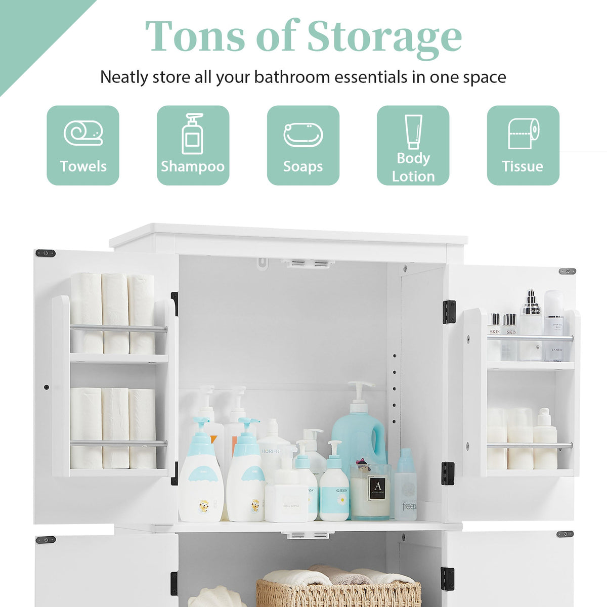 Bathroom Floor Storage Cabinet with Adjustable Shelves