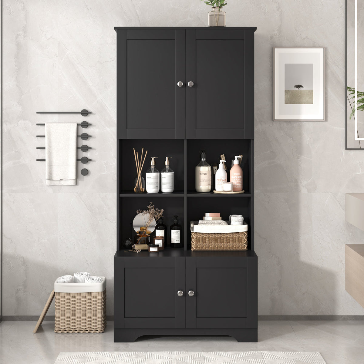 Black Bathroom Storage Cabinet, 4 Doors and Open Shelves
