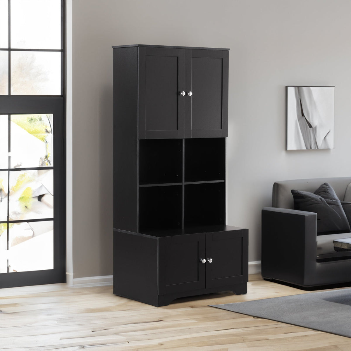 Black Bathroom Storage Cabinet, 4 Doors and Open Shelves