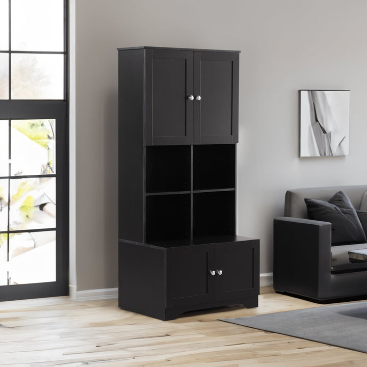 Black Bathroom Storage Cabinet, 4 Doors and Open Shelves