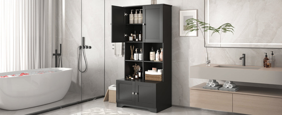 Black Bathroom Storage Cabinet, 4 Doors and Open Shelves