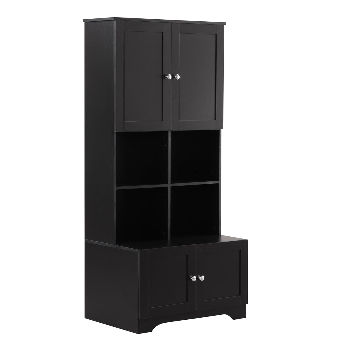 Black Bathroom Storage Cabinet, 4 Doors and Open Shelves