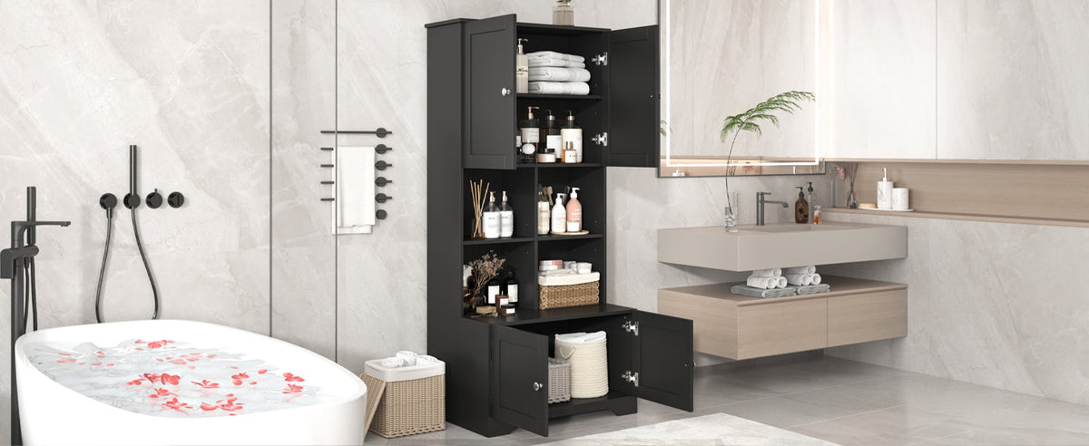 Black Bathroom Storage Cabinet, 4 Doors and Open Shelves