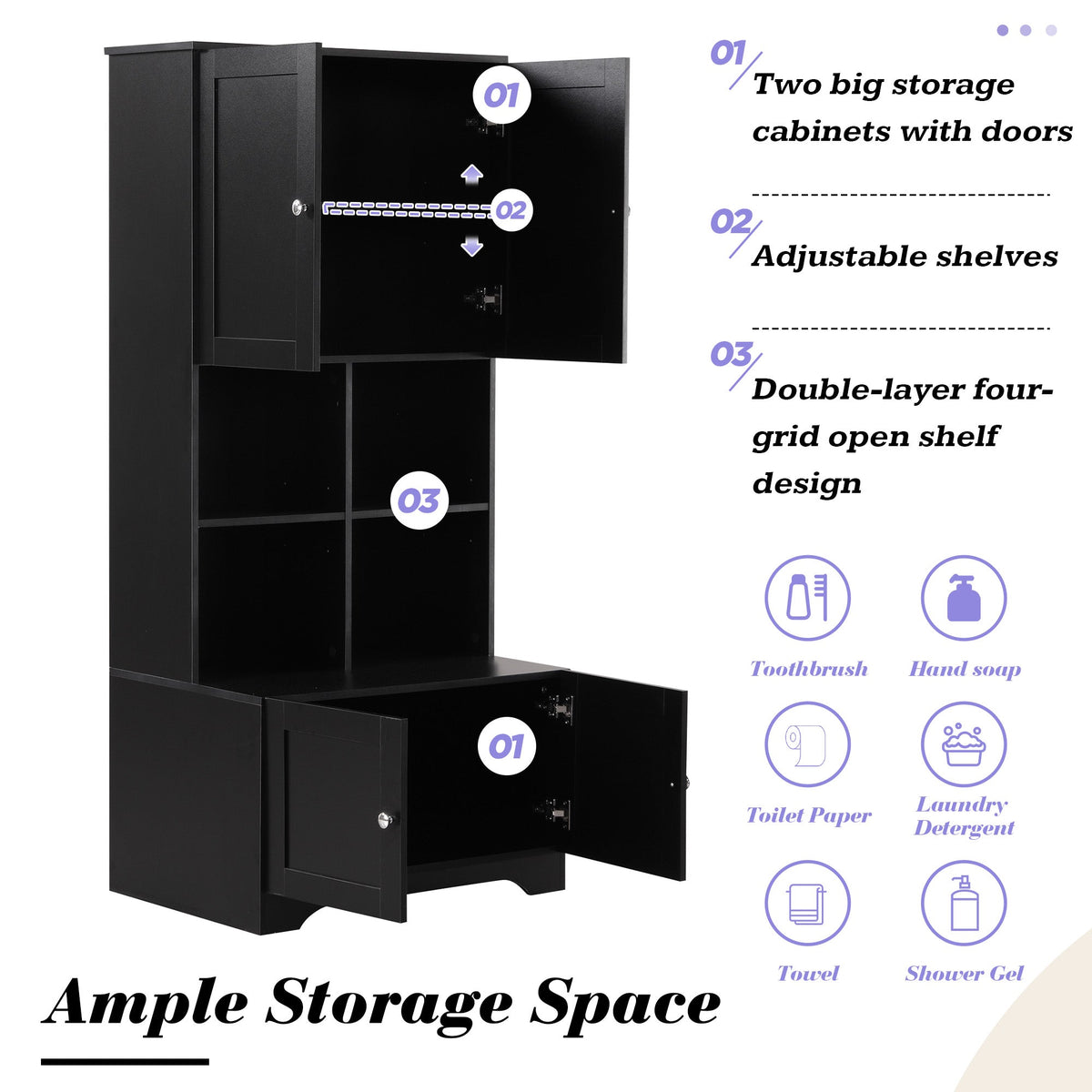 Black Bathroom Storage Cabinet, 4 Doors and Open Shelves