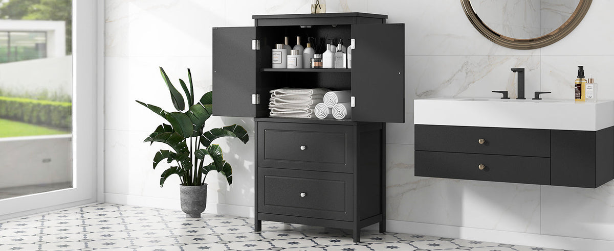 Black Bathroom Storage Cabinet with Doors & Drawers
