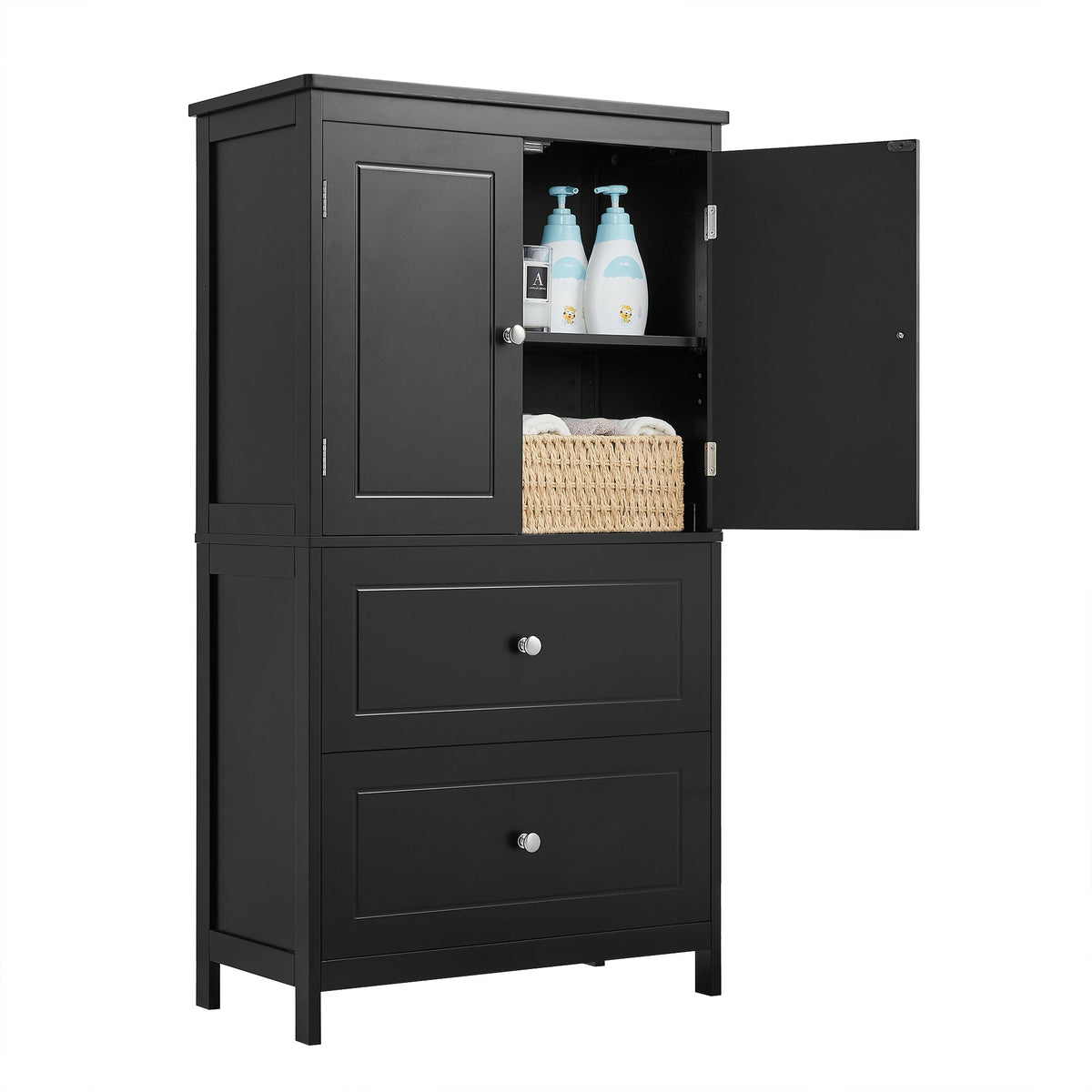 Black Bathroom Storage Cabinet with Doors & Drawers