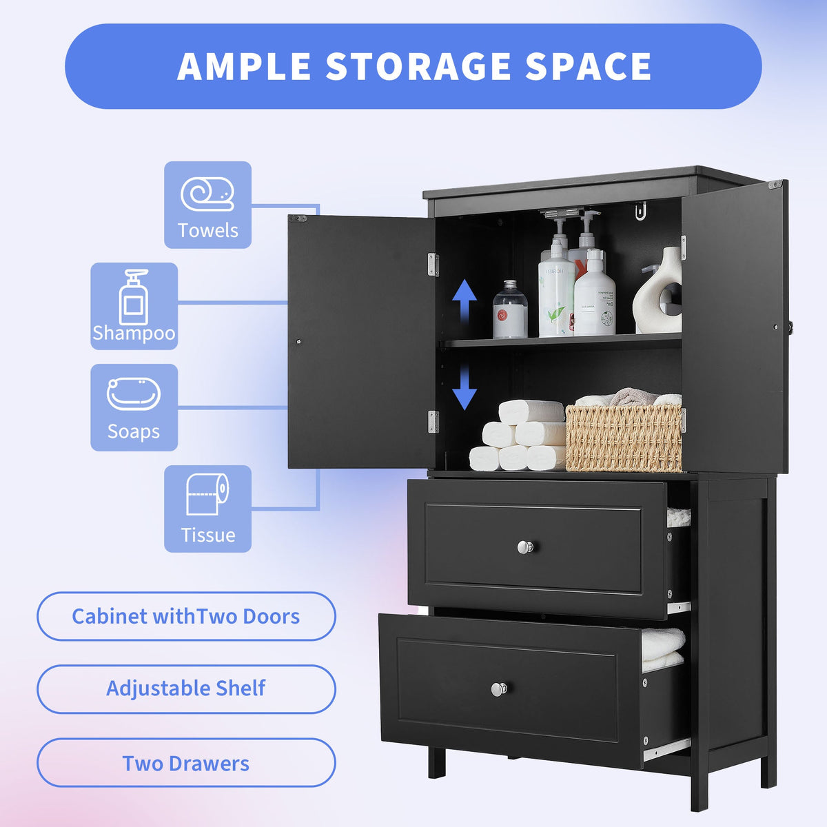Black Bathroom Storage Cabinet with Doors & Drawers