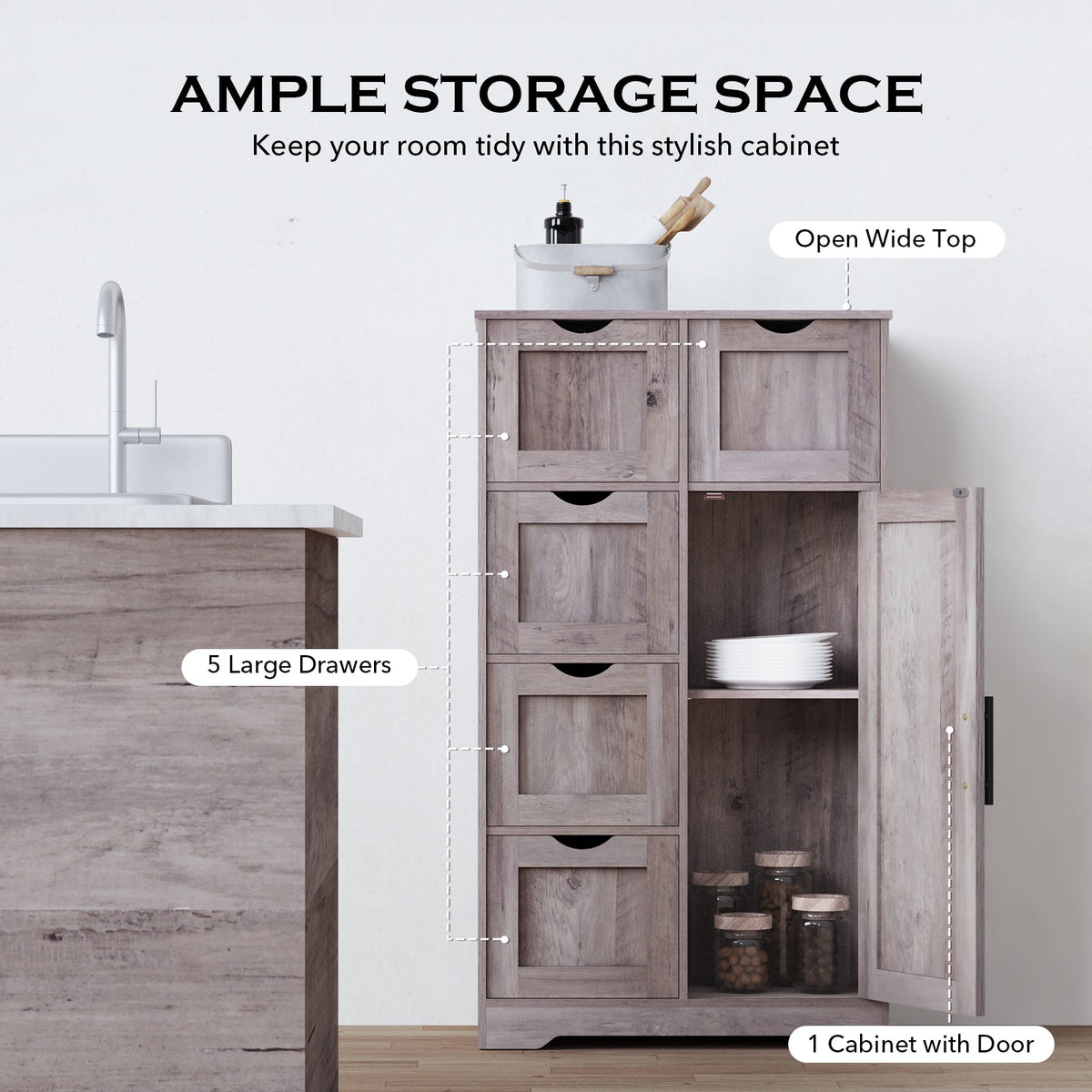 Bathroom Storage Cabinet with 5 Drawers and Closed Shelf