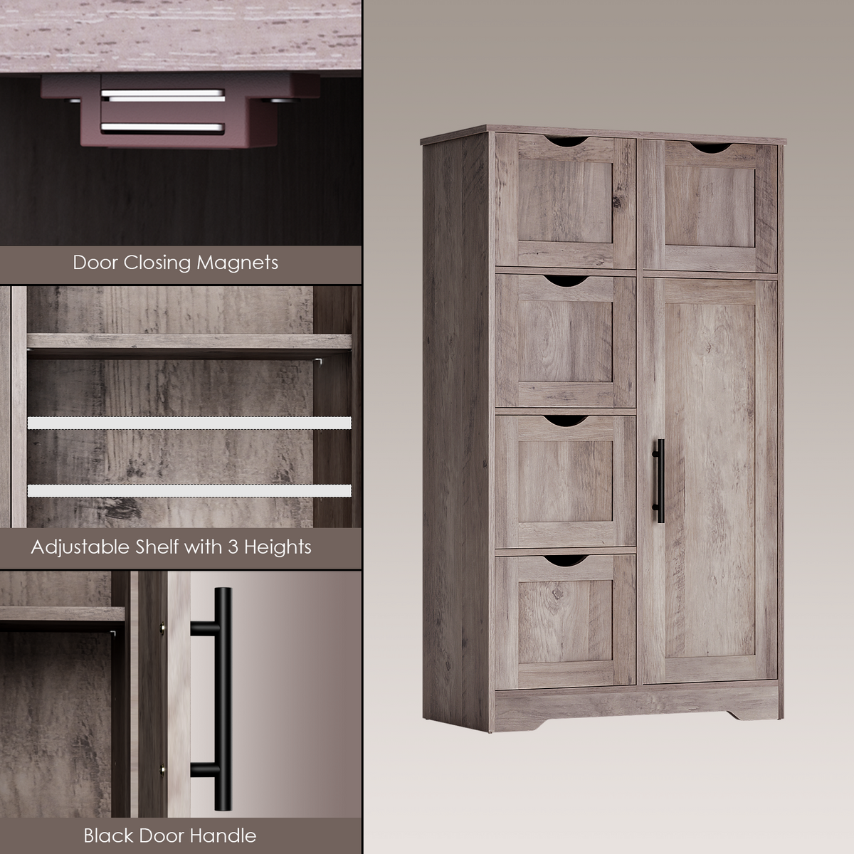 Bathroom Storage Cabinet with 5 Drawers and Closed Shelf