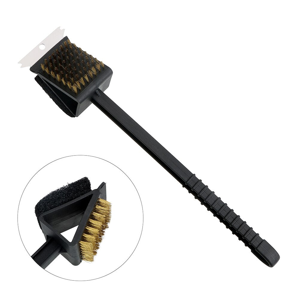Long Handle Grill Brush 3-in-1 Wire, Sponge & Scraper