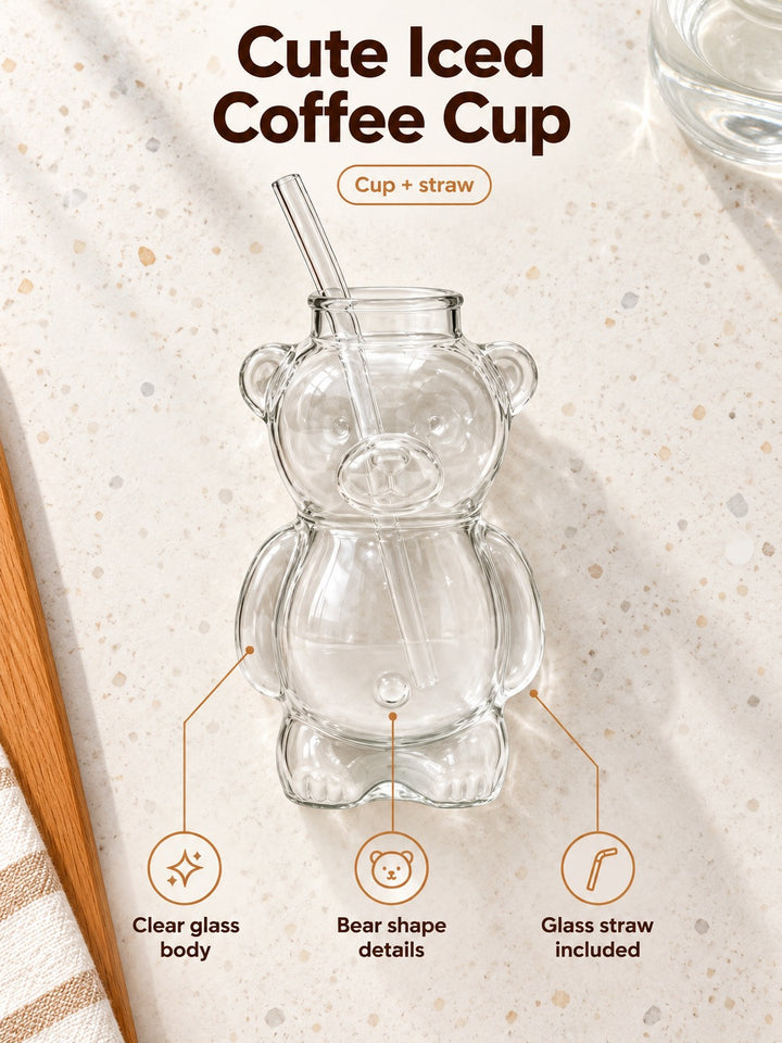 Bear Glass Cup for Iced Coffee and Milk Tea with Straw