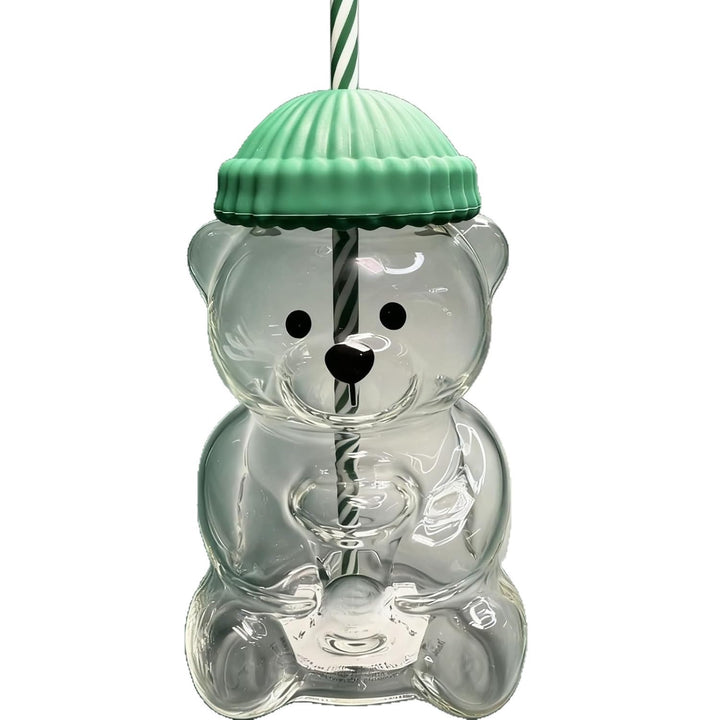 Glass Cup with Straw: Bear Beanie Lid for Iced Drinks