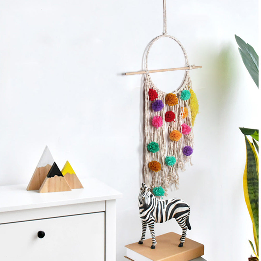 Boho Pom-Pom Macrame Wall Hanging with Feather Accents