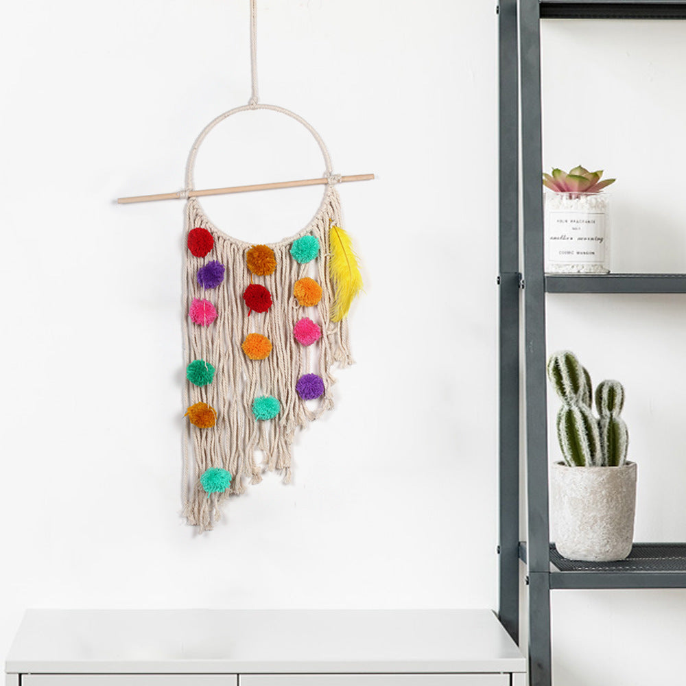 Boho Pom-Pom Macrame Wall Hanging with Feather Accents