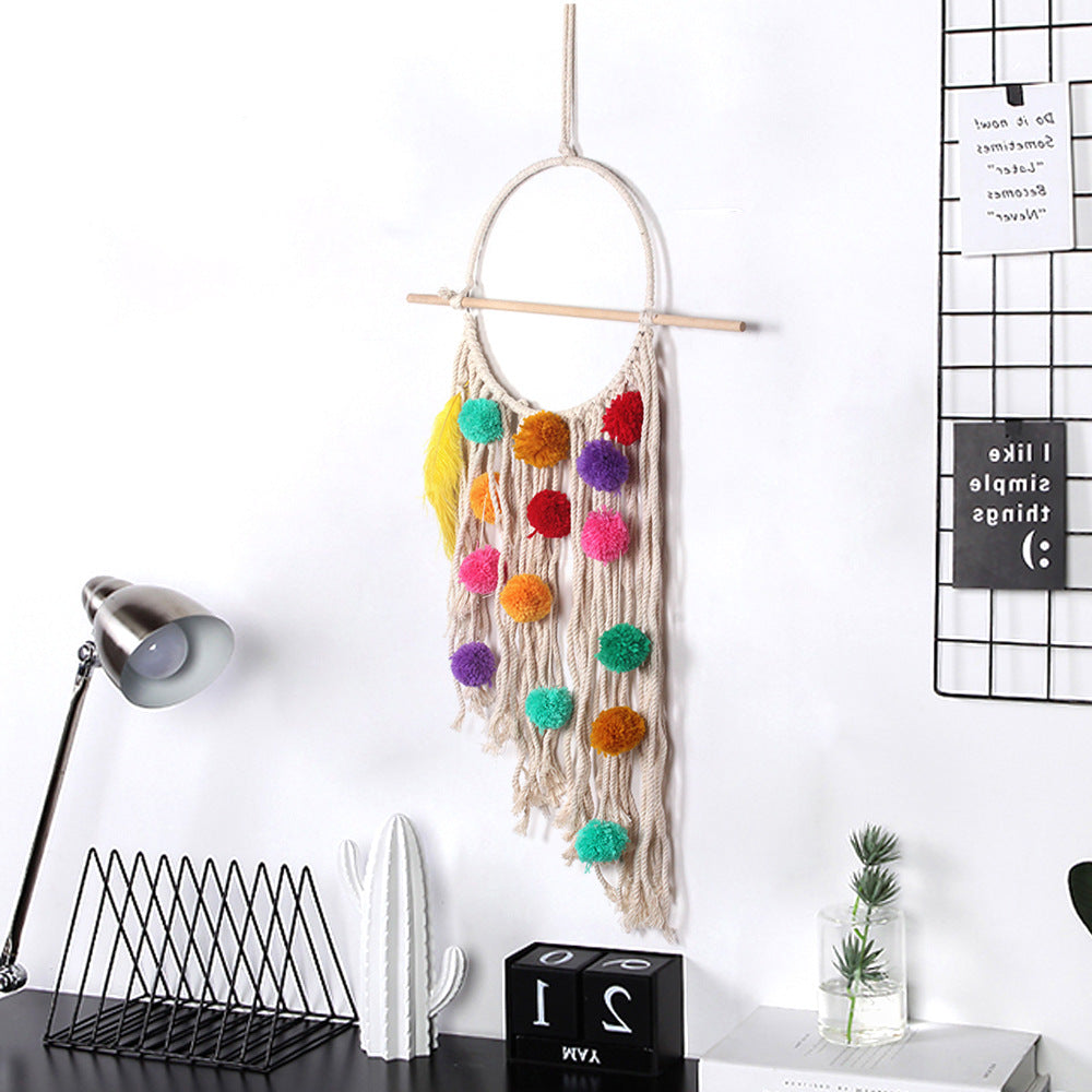 Boho Pom-Pom Macrame Wall Hanging with Feather Accents